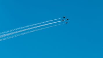 fighter jets in formation on blue sky