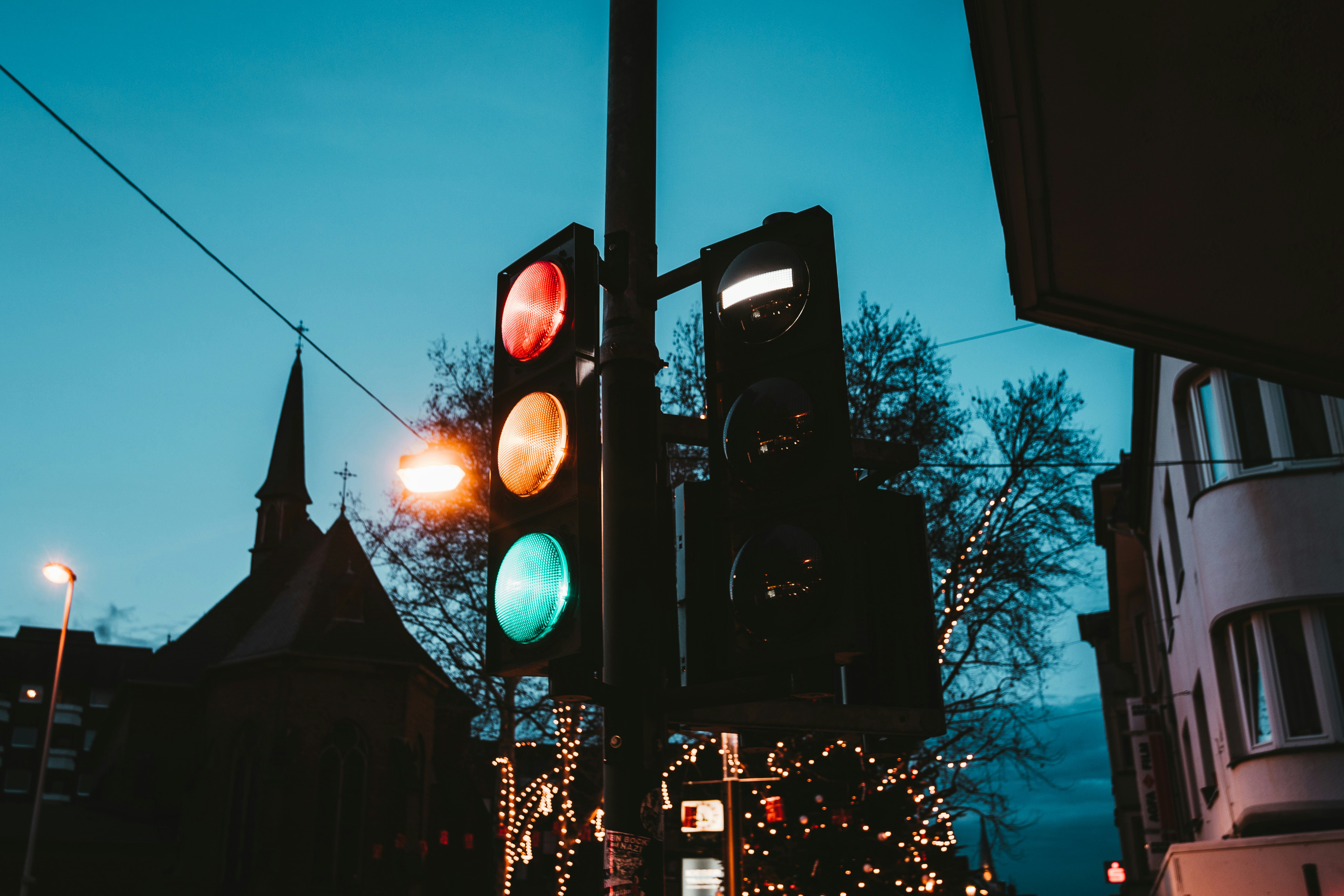 traffic lights and a dusky night sky